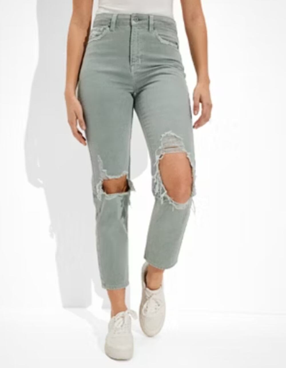 American Eagle Mom Jeans WMNS 2 Green Distressed Denim High Rise Zip Fly Ripped